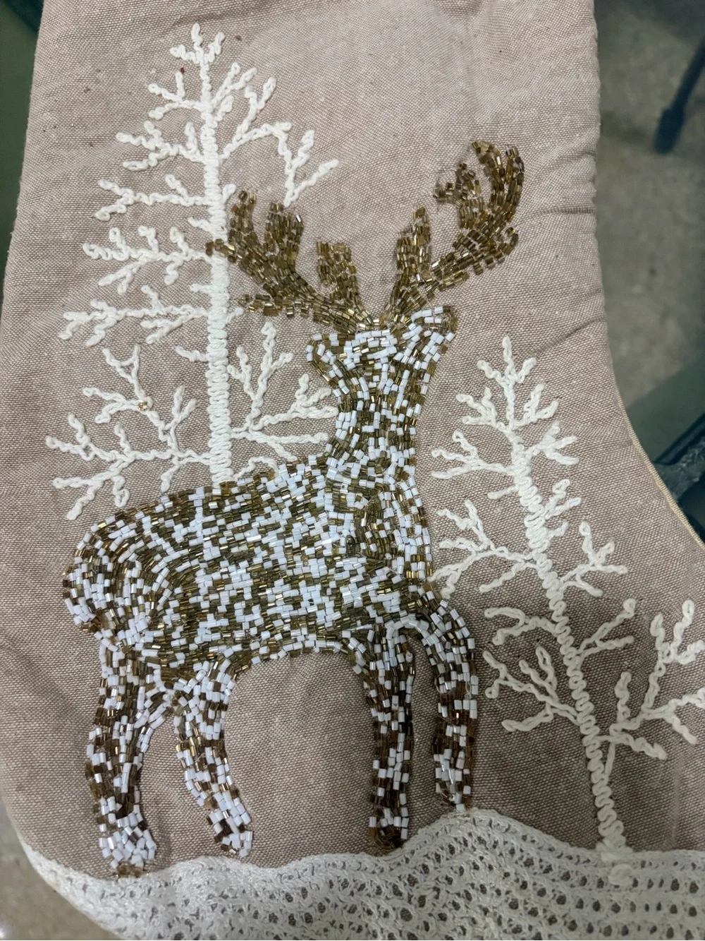 Tahari Beige and Gold Reindeer Holiday Stocking